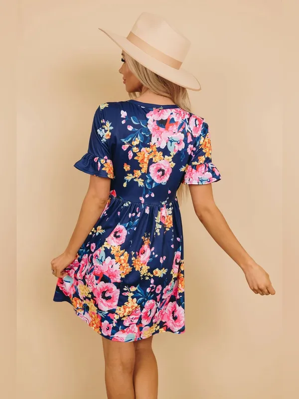 Navy Floral Ruffle Sleeve Women’s Dress - Image 2