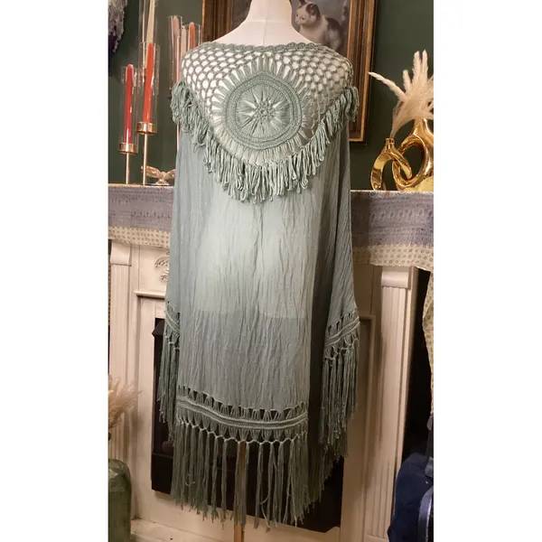 Easel Sage Green Crochet Fringe Poncho Gauze Top Small - Image 5