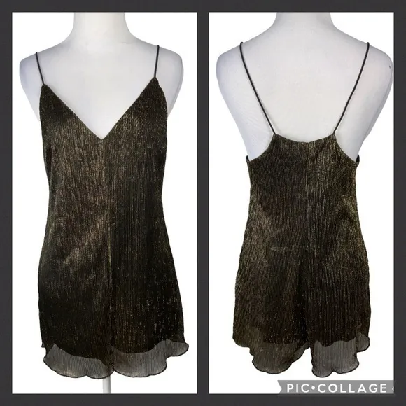 Honey Punch Spaghetti Strap Black & Gold Metallic Romper Small - Image 11