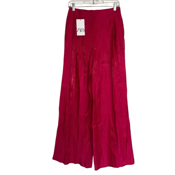 NWT ZARA Satin Effect Shiny Wide Leg Fuchsia Pant Bloggers Fave XS - Image 10