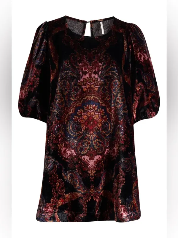 Free People Maye Print Puff Sleeve Velvet Tunic Top M - Image 4
