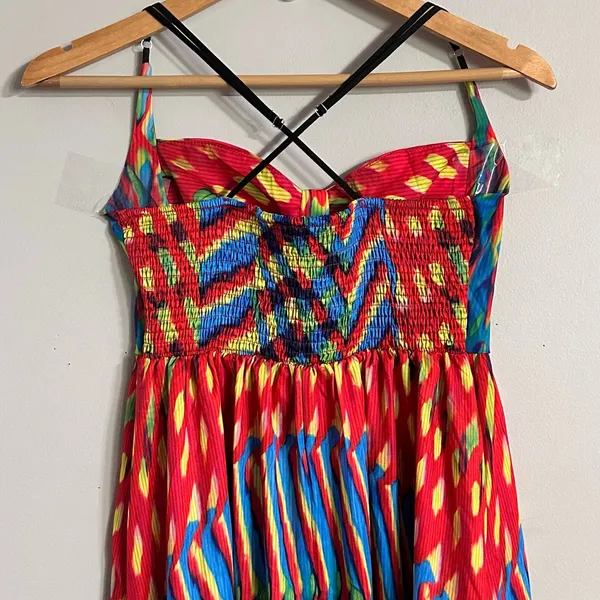 Boho Vibrant Print Striped Long Maxi Dress Womens M Multicolor Strappy Back - Image 5