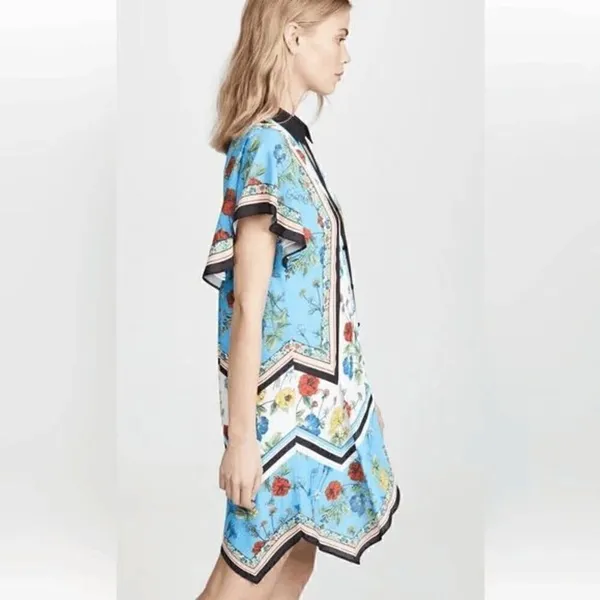 Alice + Olivia Blue Conner Floral-Print Handkerchief Button Shirtdress, XS - Image 11