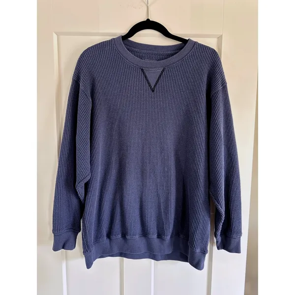 Aerie Blue Waffle Knit Crewneck Thermal Oversized Sweatshirt Medium - Image 3