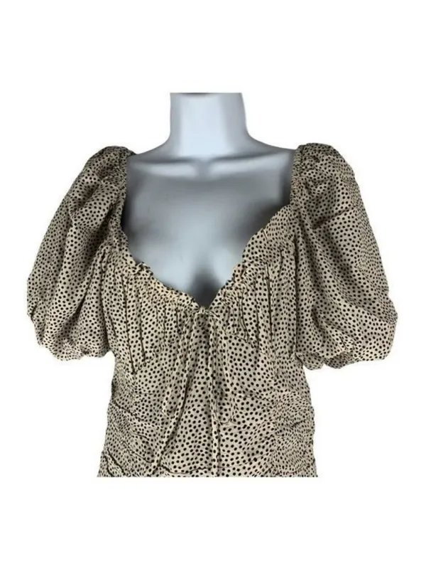 Zara Womens Polka Dot Mini Dress Size M Beige Black Puff Sleeve - Image 3