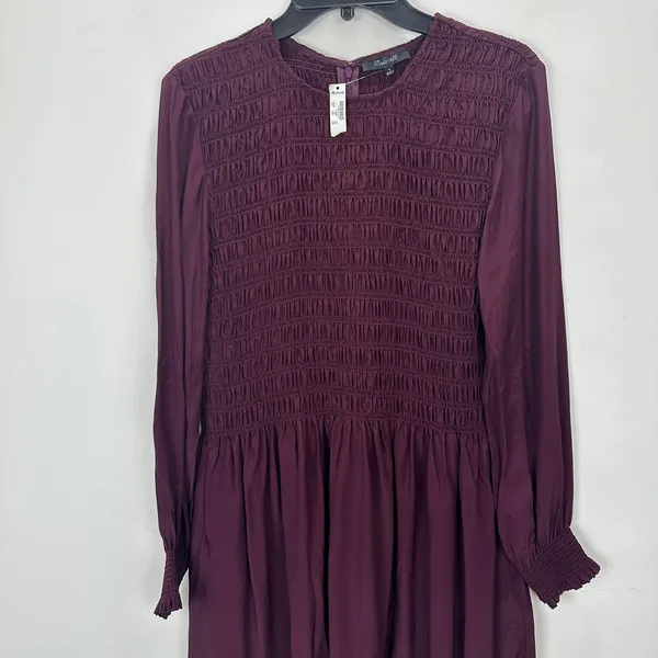 Madewell Long-Sleeve Smocked Mini Dress Dark Pomegranate Crepe Large NWT - Image 14