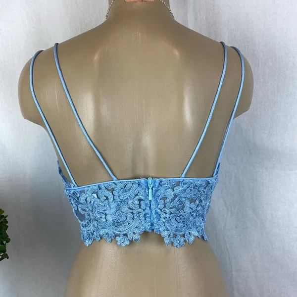 Sherri Hill Blue Lace Crop Bralette Sleeveless Top 0 - Image 3