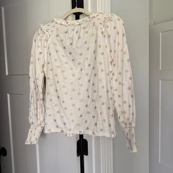 Boden White Gold Print Smocked Long Sleeve‎ V Neck Top - Image 6