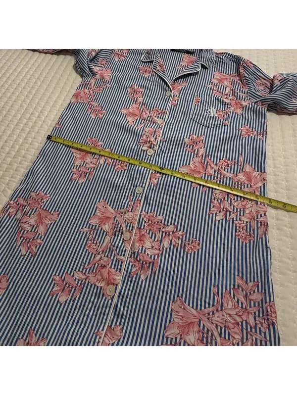 Lauren Ralph Lauren Floral & Stripe Blue Pajama Sleep Shirt Button Up M Medium - Image 5