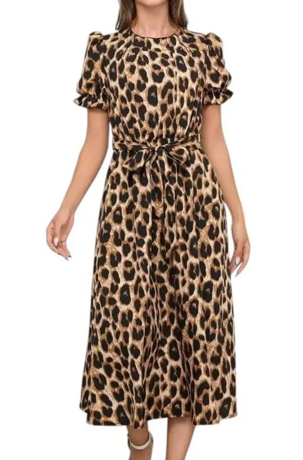Leopard Lace-up Round Neck Puff A-line Dress - Image 3