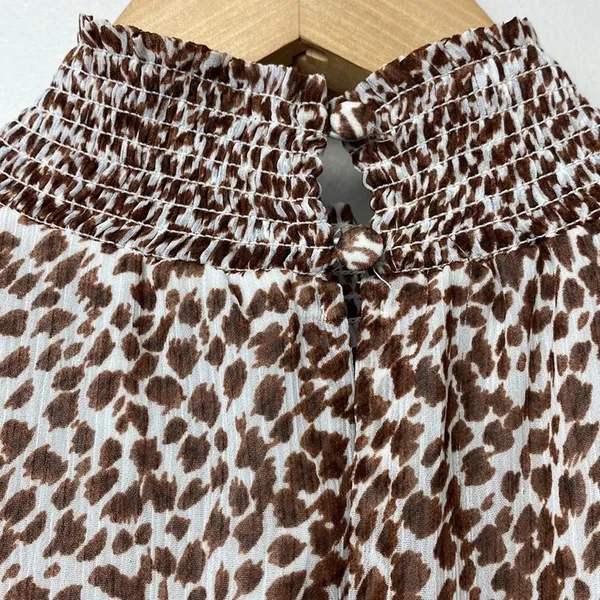 1.State‎ Animal Print Chiffon Smocked Mock Neck Dress in Brown Taupe - Image 9