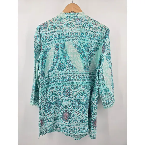 Charter Club Linen Tunic Womens M Luxury Paisley Turquoise‎ Beaded V-Neck EUC - Image 3