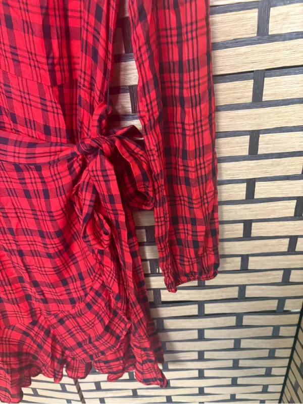 Express red and black plaid wrap style dress size small - Image 3