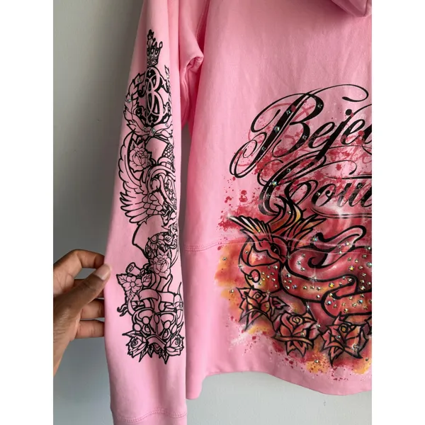 Bejeweled by Susan Fixel Pink Tattoo Graphic Rhinestone Zip Up Hoodie Womens y2k - Image 7
