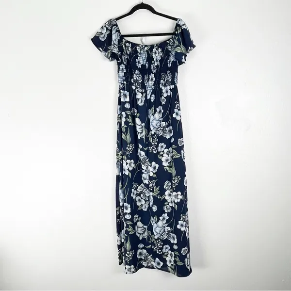 ALTAR’D STATE Blue Floral Smocked Bodice On/Off Shoulders Side Split Dress Small - Image 2