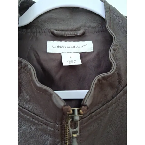 Christopher & Banks Jacket Brown Faux Leather Zip Up Pockets Women's size L - Image 2