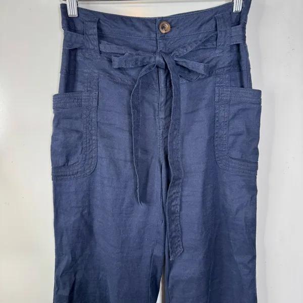 Anthropologie Linen Blend Navy‎ Belted Wide Leg Pants Size 25 - Image 3
