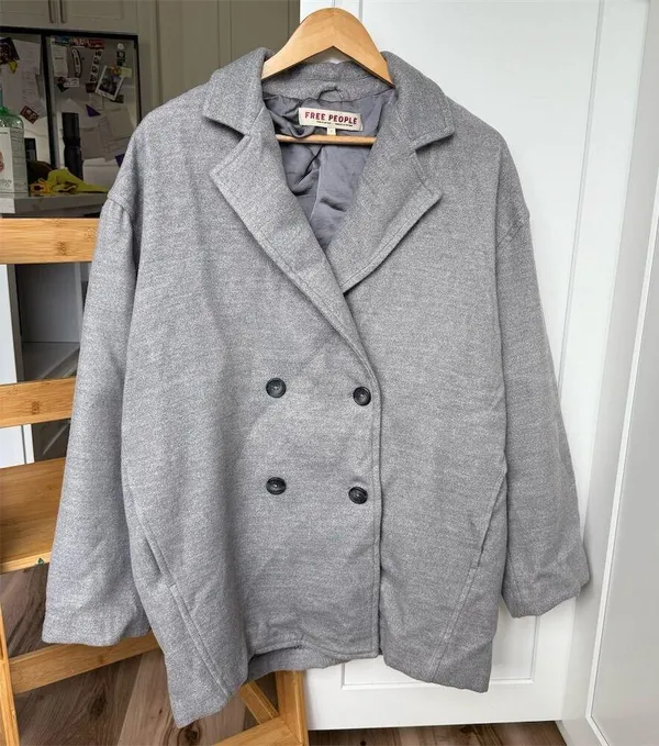 Free People Hannah Slouchy Gray Double-Breasted Oversized Coat Jacket Size S - Image 3