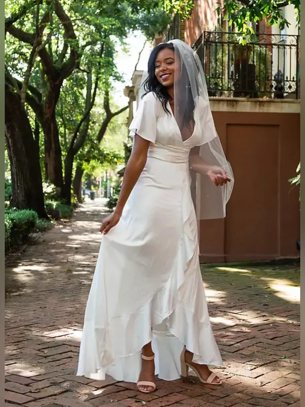 David’s Bridal db studio Flutter Sleeve Satin Ruffle Hem Wedding Dress 2 NEW - Image 2