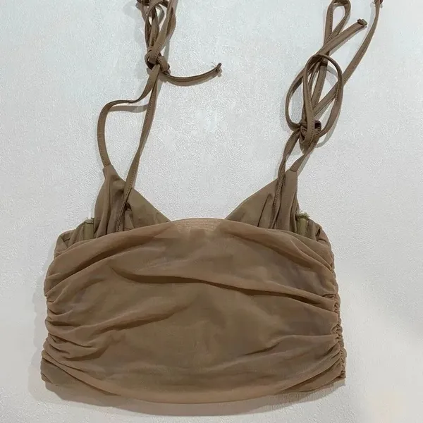 Tic Toc Ruched Mesh Crop Top Small Beige Nude Y2K Going Out Top - Image 3