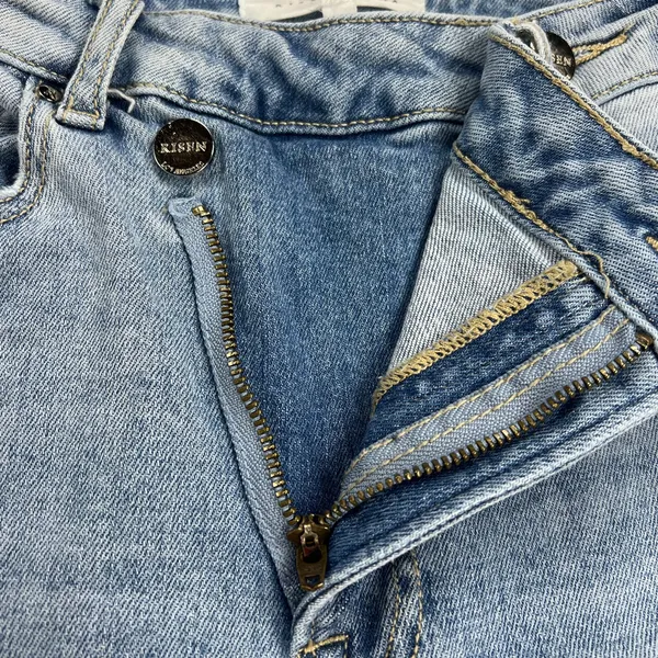 Risen High Rise Crossover Straight Leg Distressed Jeans Light Wash Size 7/28 - Image 9