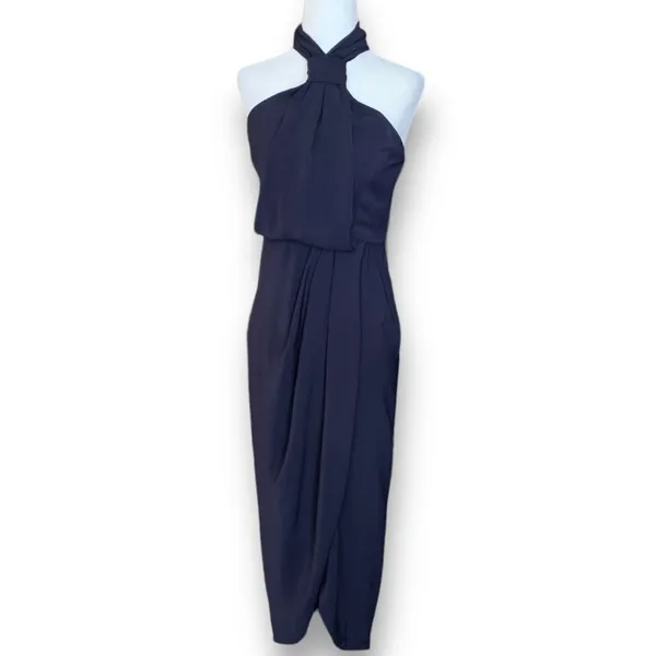 Shona Joy Revolve‎ Knot Draped Halter Dress Navy Blue Maxi 4 Cocktail Formal - Image 12