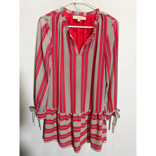 Loft Red White‎ Striped Drop Waist Mini Dress Long Sleeve Tie Cuff XS - Image 2