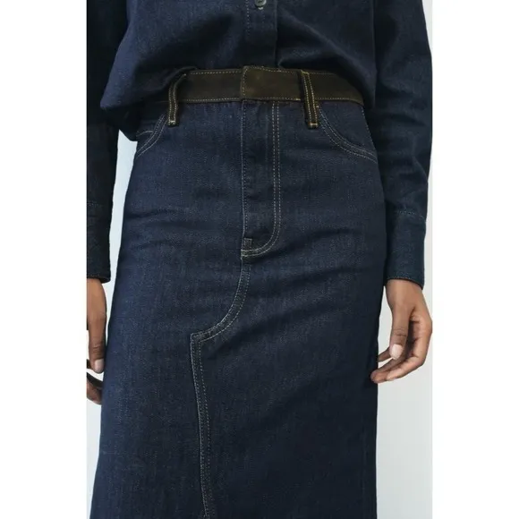 ZARA ZW Collection Denim Midi Skirt Contrast Suede Waistline Blue Pockets Small - Image 6