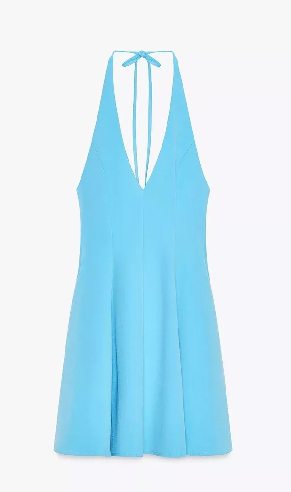 Zara blue fitted mini halter dress evening party wedding coctail ruffled - Image 13