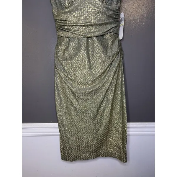 Maggy London Dress Womens 4 Gold Metallic Chevron Ruched V Neck Sheath Midi - Image 3