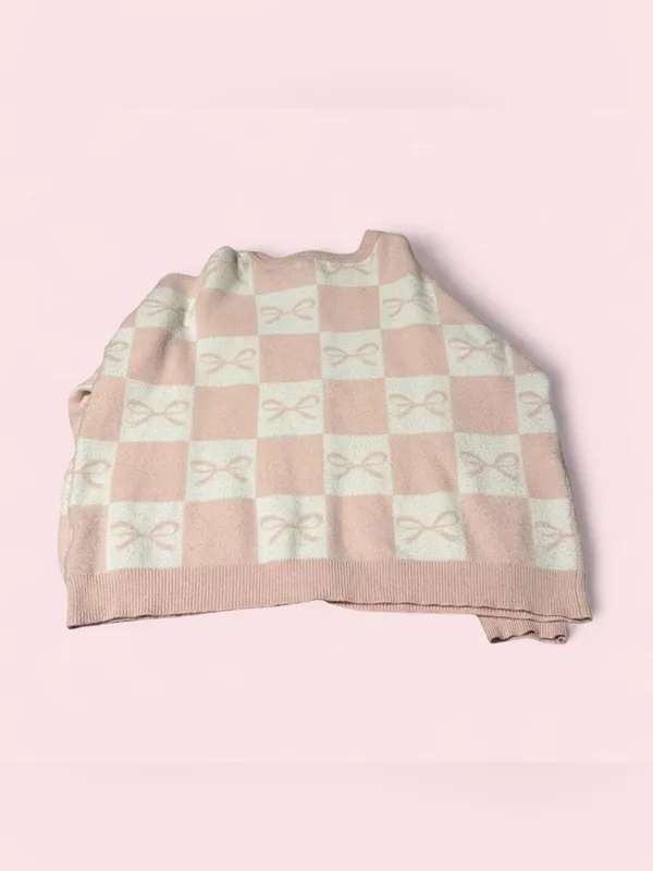Sincerely Jules Pink and White Checkerboard Bow Cardigan - Image 2