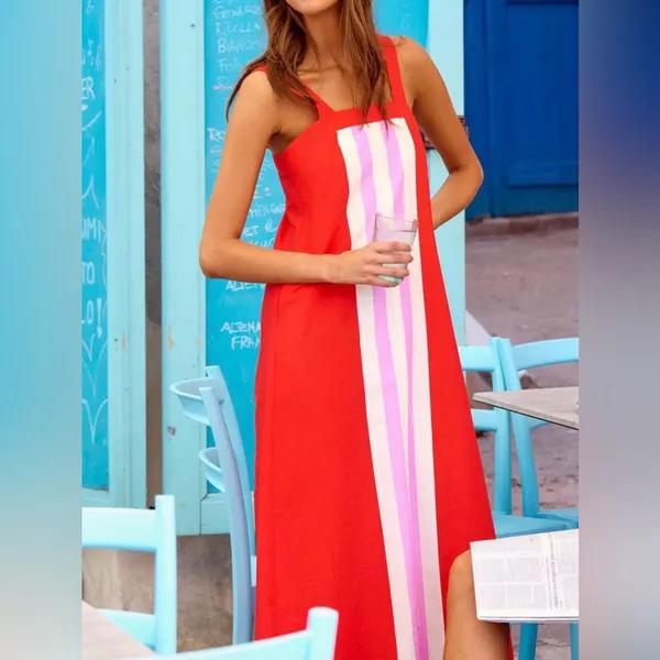 NEW Beach Maxi Boho Sleeveless Color Block Lined Dress M - Image 3