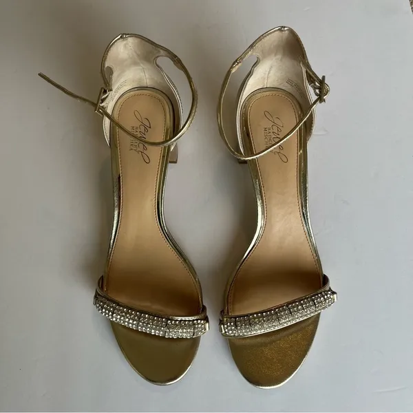 Gold with Rhinestones Ramsay Jewel Badgley Mischka Open Toe Block Heels Size 10 - Image 2