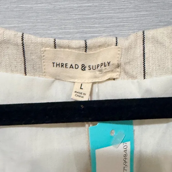 Thread & Supply Women Oatmeal Black Pinstripe Linen Blend Button Front Vest L - Image 5