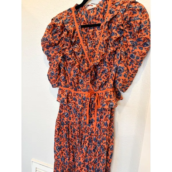 Ulla Johnson Lisette Rust Blue Floral Puff Sleeve Ruffle Wrap Midi Dress - Image 5