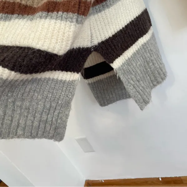 A NEW DAY Striped Open Front Cardigan Gray Cream Tan Brown Long Heavy Sweater M - Image 9