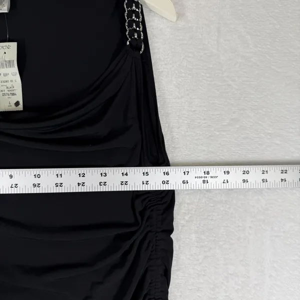 Cache Womens Black‎ One Shoulder Ruched Knit Tunic Shirt Chain Detail Size L NEW - Image 3