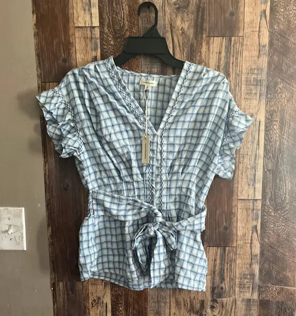 Max Studio New Ruffle Tie Front Blue Plaid Blouse Women’s Size small - Image 2
