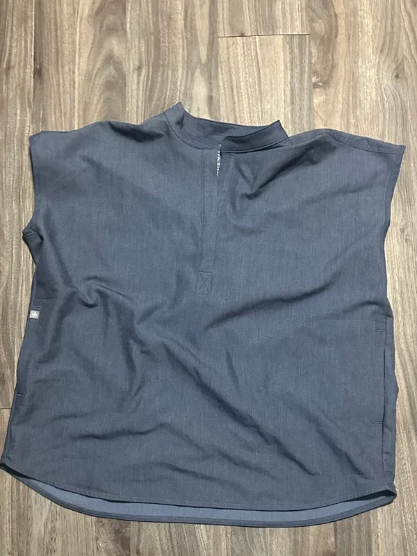 Figs Mandarin Collar Cap Sleeve Top in Slate Blue - Image 3