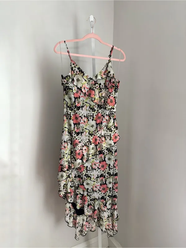 No Comment Floral Asymmetrical Hem Ruffle Mesh Midi w Midi Slip Dress Size L - Image 3