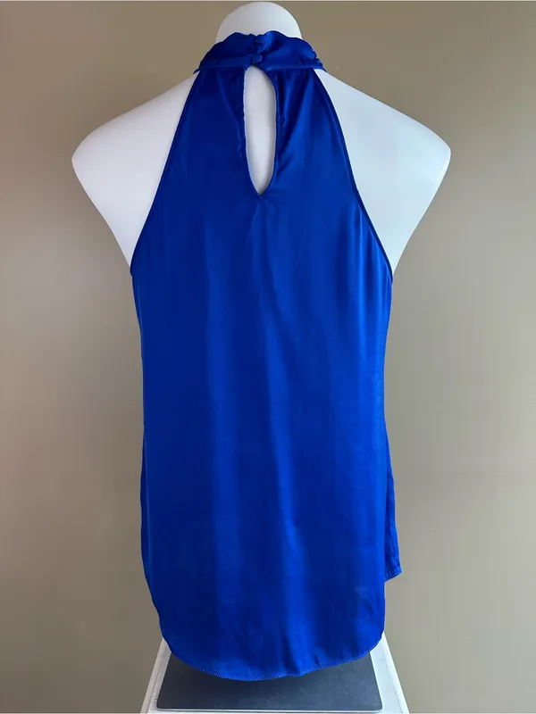 Naked Zebra Royal Blue Satin Halter Top Medium Tie Neck Keyhole Blouse Silky - Image 4