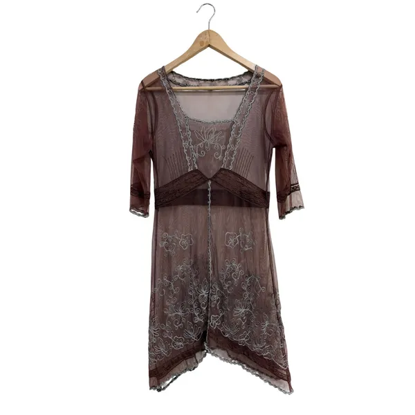 Vintage Style Sheer Mesh Embroidered Lace Trim Dress Brown Silver Size S - Image 4