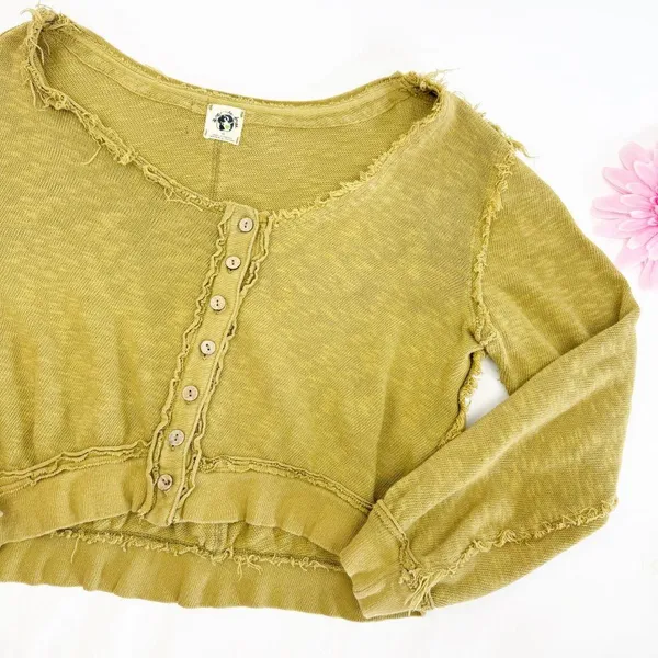 Free People X We The Free Golden Road Cardigan Curly Willow Mustard Olive Crop - Image 8
