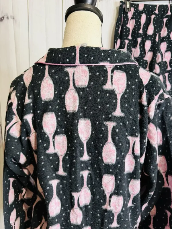 Charter Club Intimates Pajama Set Sz L Black Pink Wine Glasses Fleece Pockets - Image 8