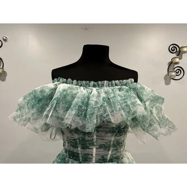 Sherri Hill 56128 Green Print Ruffle Off the Shoulder Gown Sz 6 NWOT - Image 6