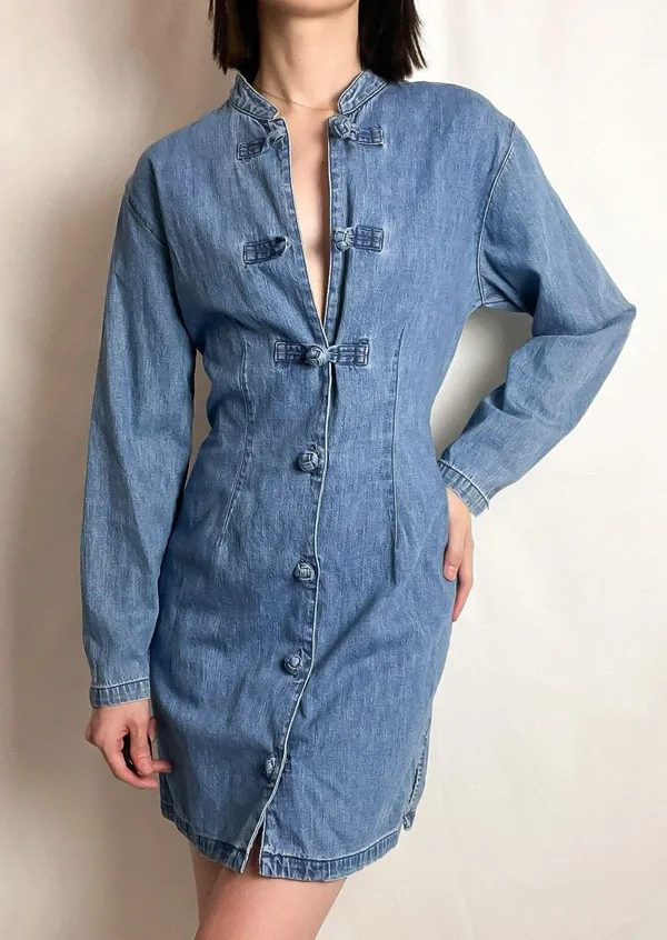 Guess vintage 90s blue chambray chinese knot button down long sleeve mini dress by - Image 2