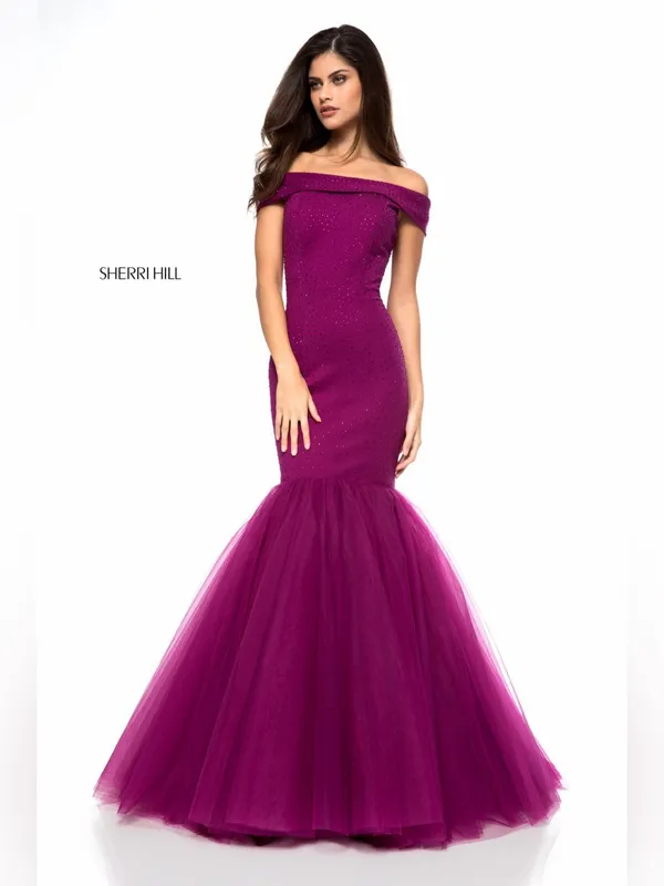 Sherri Hill Off-the-Shoulder Mermaid Gown in Plum Purple - Image 2