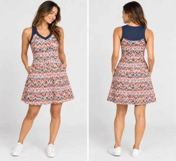 Title Nine Medium Chevron Athletic Dress Multicolor V Neck Built In Bra Pockets - Image 2