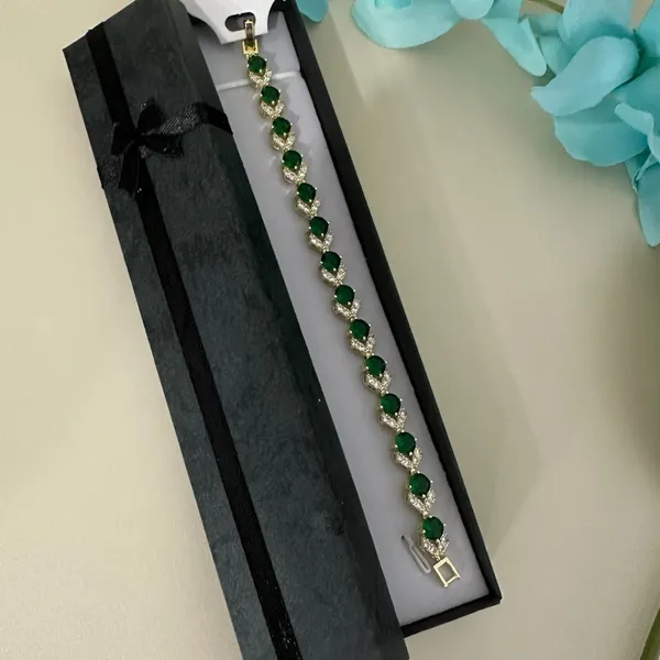 14K Gold Plated Womens Bracelet Icy Green &‎ Clear C. Zirconia Oro Laminado 7'' - Image 3