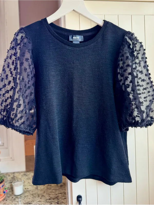 Maeve Anthropologie Swiss Dot Sheer Puff Sleeve Top Mixed Media Black Small - Image 2
